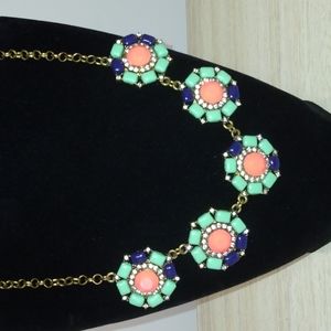 Beautiful flowers necklace green blue and peach accented with rhinestones
